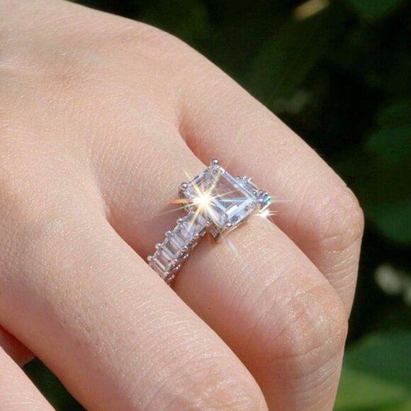 Women's Zirconia Ring with an Emerald Cut Featuring Baguette Side Accents - Picture 2 of 5